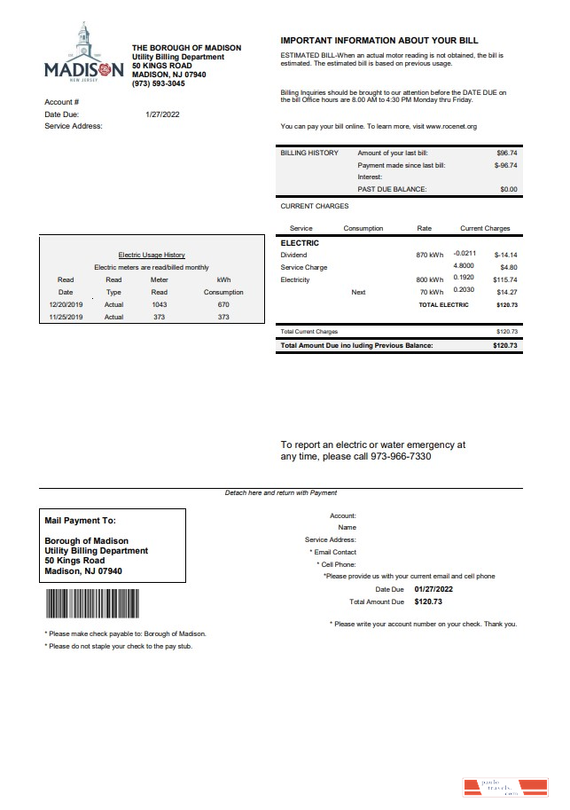 USA New Jersey The Borough of Madison utility bill template in Word and PDF format
